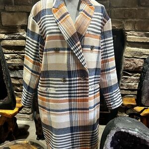 Elie Tahari Plaid Trench Coat in Blue, Orange, and Cream